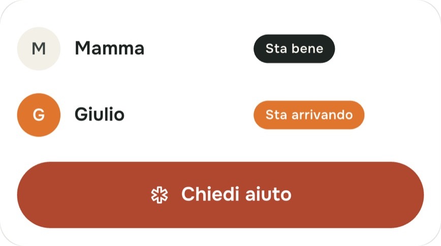 La famiglia nell'app: Mamma sta bene, Giulio sta arrivando, e il tasto Chiedi aiuto