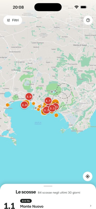 La mappa dell'app con le scosse recenti dei Campi Flegrei